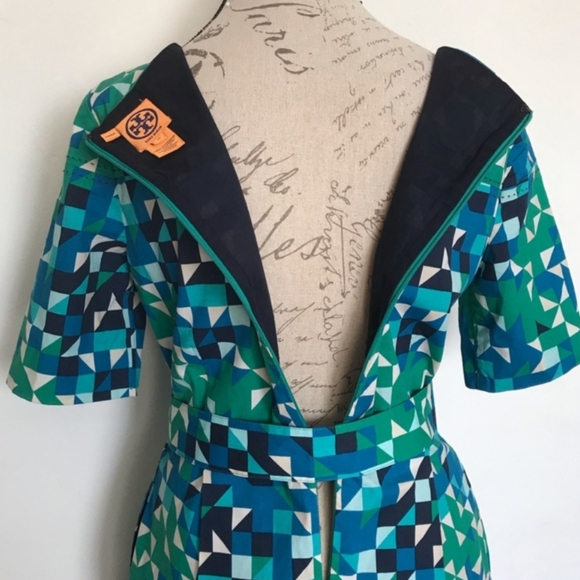 Tory Burch Green Dress Geometric Sheath Belt Pockets Sleeves Size 10 - Picture 5 of 7
